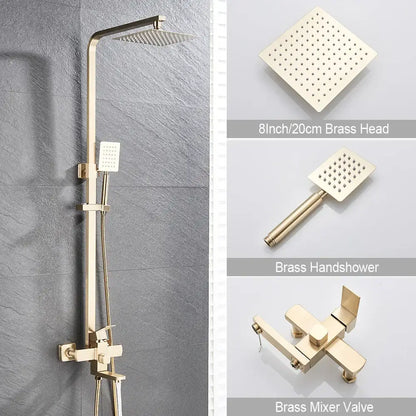 Brushed gold shower mixer with rainfall head and handheld spray made of brass for elegant bathroom decorbites design