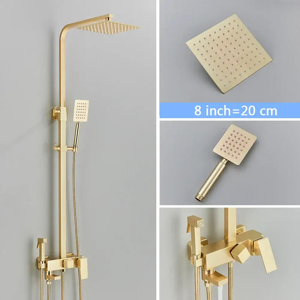 Brushed gold shower set with square rainhead handheld sprayer and bidet mixer tap from decorbites brushed gold collection