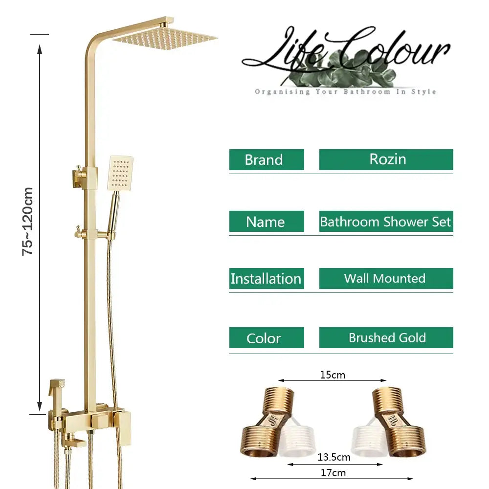 Brushed gold shower set with square rainhead and handheld shower featuring bidet mixer tap by decorbites