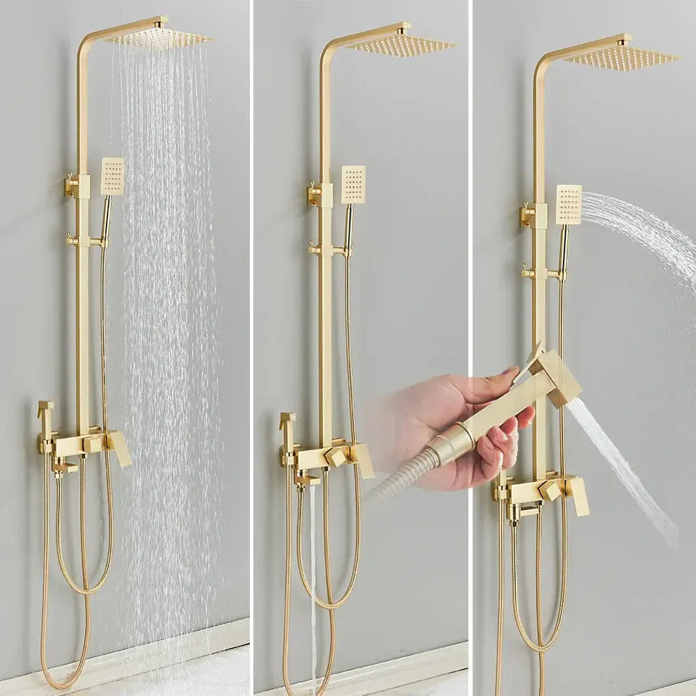 Brushed gold shower set with bidet mixer tap featuring a modern square rainhead handheld spray nozzle decorbites brushed gold