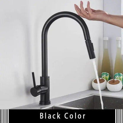 Black matte smart touch kitchen faucet with sleek curved spout and pull-down spray head in brushed gold design