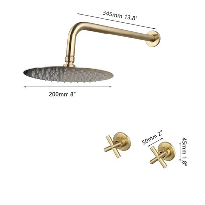 Brushed gold round rainfall shower faucet set with brass finish and matching cross-handle faucets for bathroom use