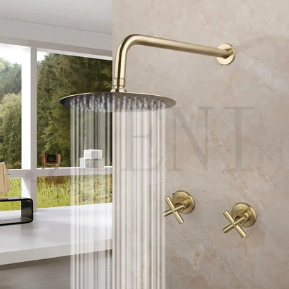 Brass-finished brushed gold square rainfall shower faucet set with matching cross-handle faucets for bathroom use