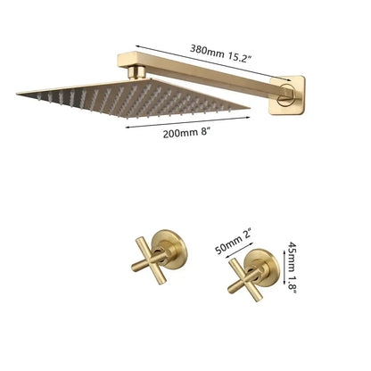 Brushed gold square rainfall shower faucet set with gold-toned square showerhead and cross handles for bathroom use