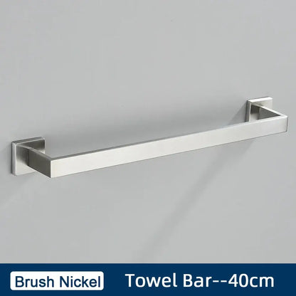 Brushed gold stainless steel bathroom accessories set featuring a 40cm brushed nickel towel bar with sleek rectangular design