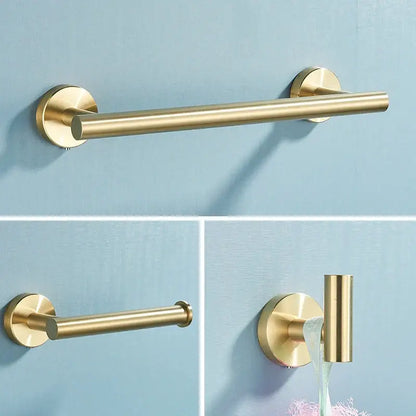 Brushed gold stainless steel bathroom accessories set including towel rack toilet paper holder and soap dish