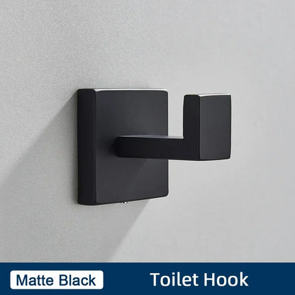Matte black rectangular toilet hook with modern minimalist design in brushed gold stainless steel bathroom accessories set