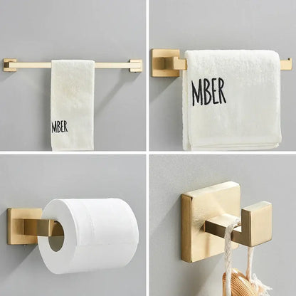 Brushed gold stainless steel bathroom accessories set with gold-toned towel bars, toilet paper holder, and hooks