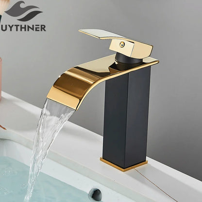 Brushed golden basin faucet single hole waterfall design with black accents modern brass mixer tap for bathroom