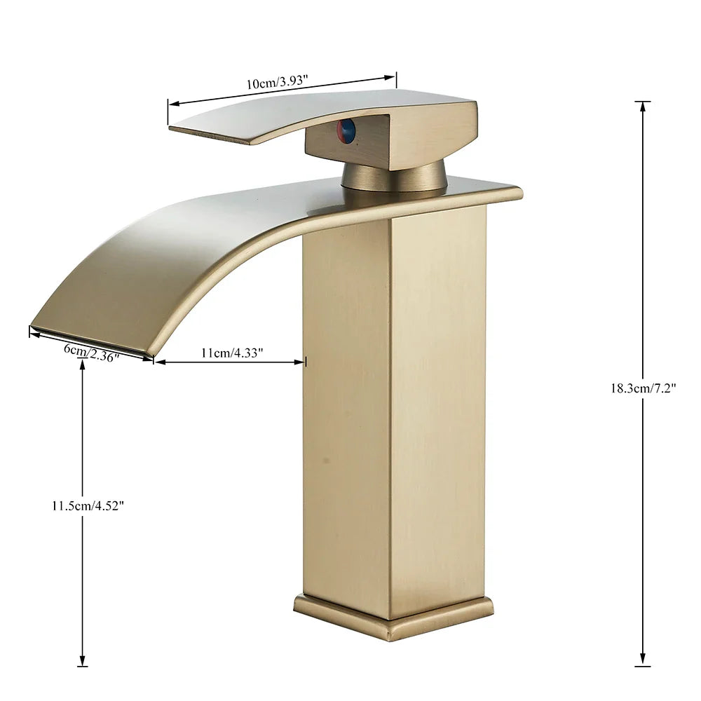 Modern brushed brass single hole basin faucet with sleek curved spout and rectangular base for bathroom sink deck mount