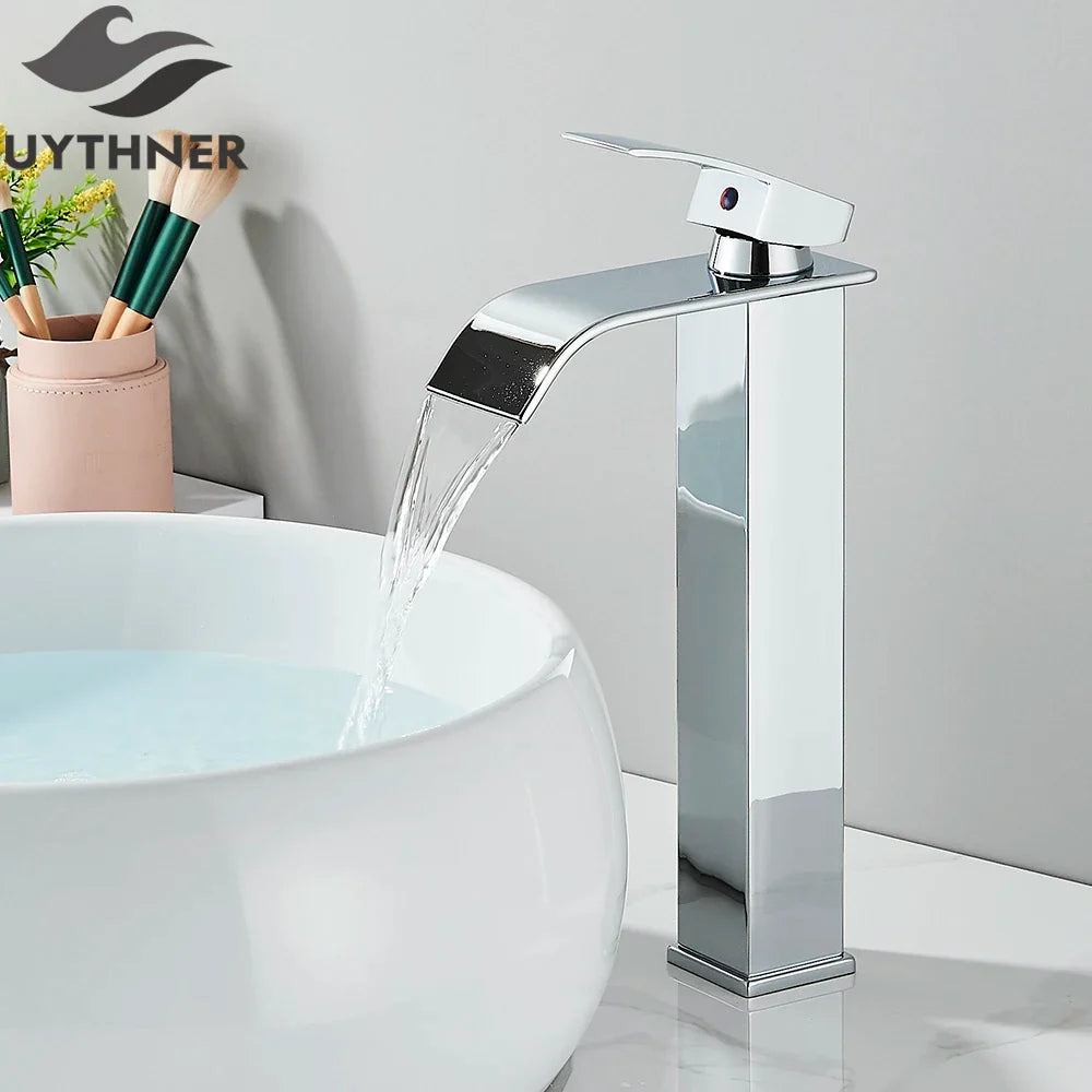 Brushed golden single hole basin faucet with chrome waterfall spout and single lever brass deck mount mixer tap