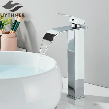 Brushed golden single hole basin faucet with chrome waterfall spout and single lever brass deck mount mixer tap