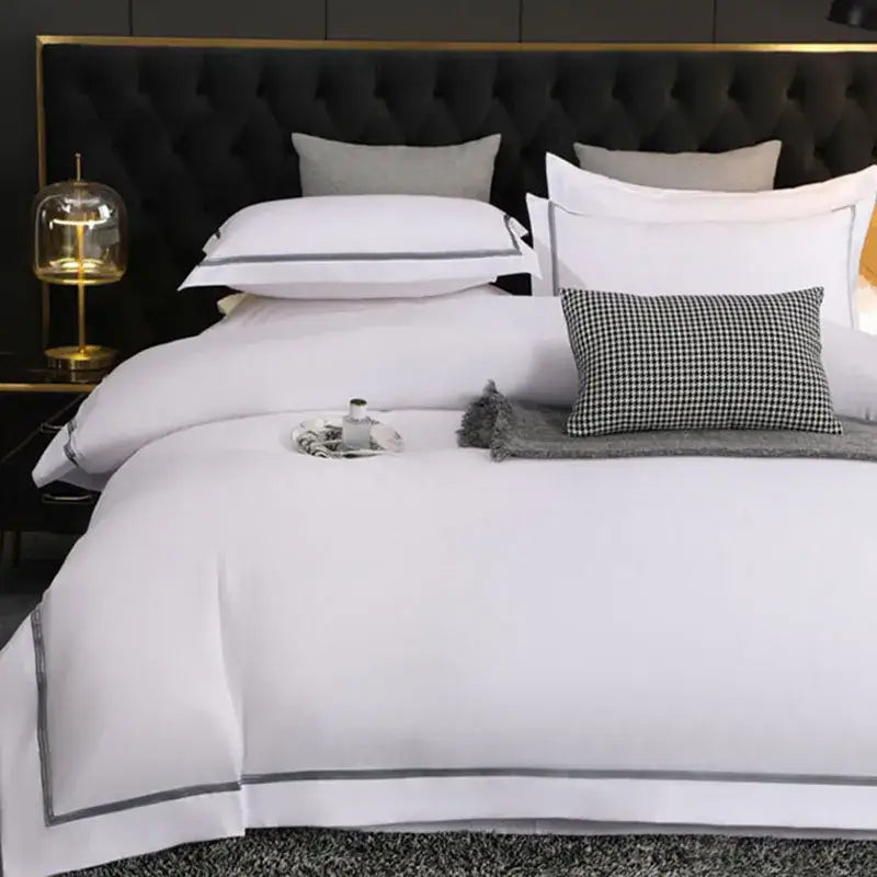 White satin duvet cover with elegant gray piping trim in decorbites brushed hotel style bedding sets
