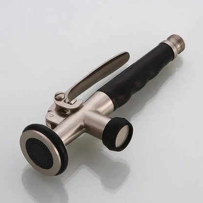 Black and stainless steel garden hose nozzle with textured grip handle for kitchen shower head use with rubber grip