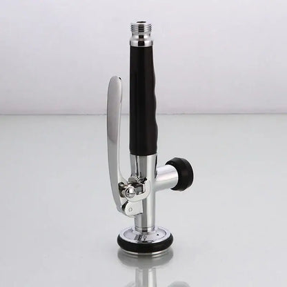 Brushed nickel and chrome kitchen shower head with rubber grip, adjustable spray settings, and textured handle design