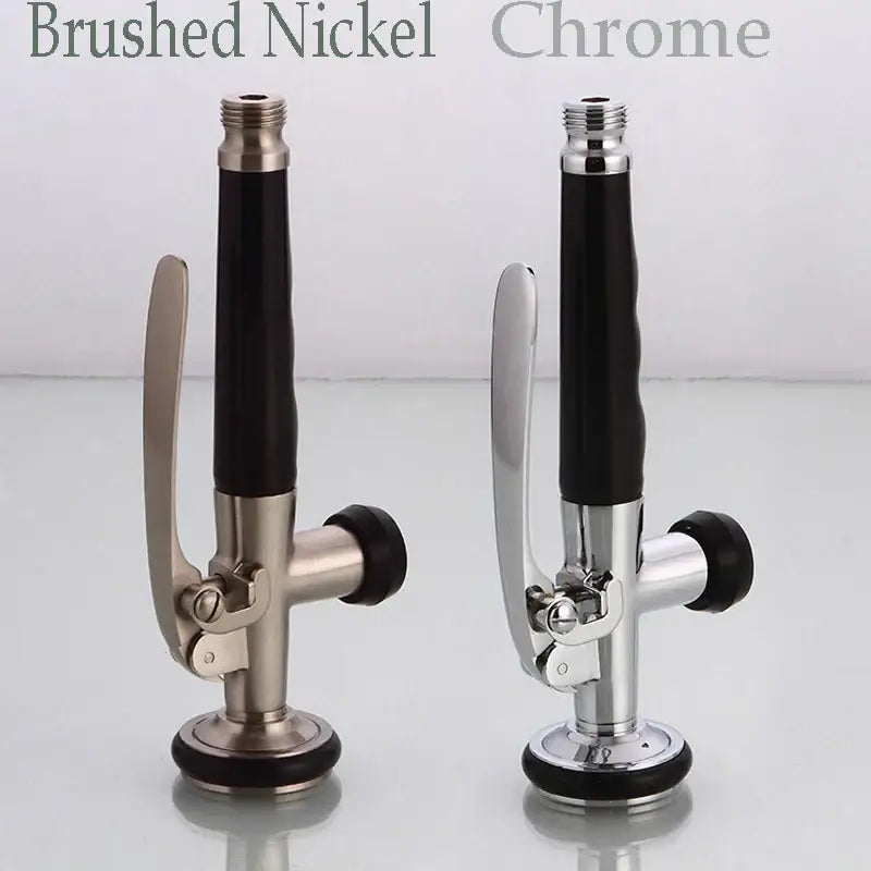 Brushed nickel and chrome kitchen shower head with black rubberized grip handles for enhanced control