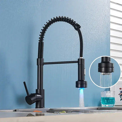 Black matte kitchen faucet with flexible coiled spring hose and blue led lighting for decorbites brushed nickel kitchen faucet