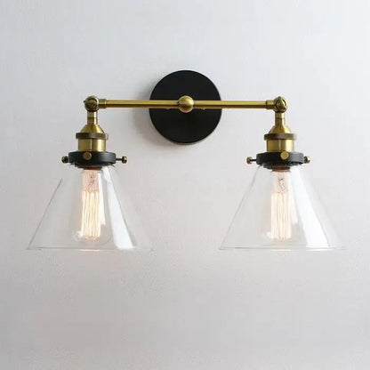 Brass and black wall lamp with two clear conical funnel glass shades metal fixture for decorbites funnel glass bedroom sconce