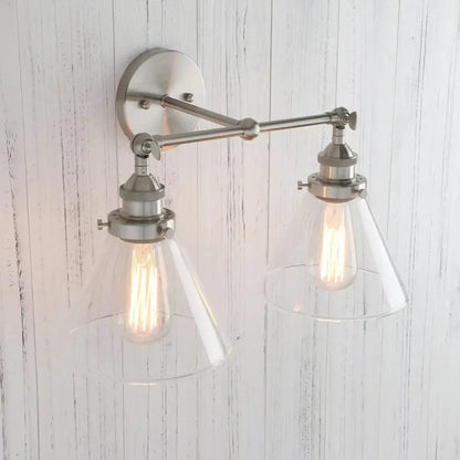 Brushed nickel funnel glass metal wall lamp with two exposed Edison bulbs ideal for bedroom decorbites funnel glass