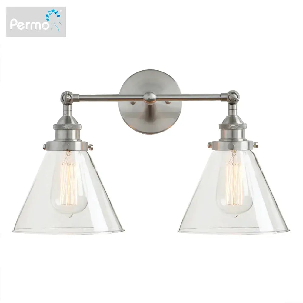 Permo brushed nickel wall lamp with dual clear funnel glass metal shades for bedroom sconce decorbites funnel glass design