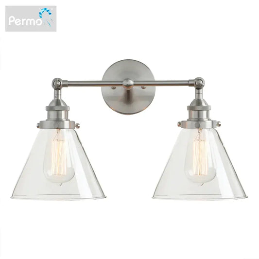 Permo brushed nickel wall lamp with dual clear funnel glass metal shades for bedroom sconce decorbites funnel glass design