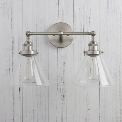 Stainless steel two-light wall lamp with clear funnel glass shades by decorbites for elegant bedroom sconce lighting