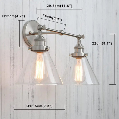 Brushed nickel funnel glass metal wall lamp with two clear shades and exposed edison bulbs for bedroom decorbites funnel glass
