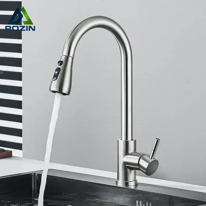 Brushed nickel kitchen faucet with flexible pull down sprayer and sleek curved stainless steel spout decorbites brushed nickel