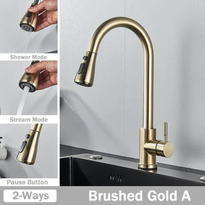 Brushed nickel kitchen faucet with a sleek arched spout and flexible pull down sprayer by DecorBites