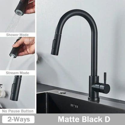 Matte black kitchen faucet with sleek curved spout and pull-out spray head for decorbites brushed nickel kitchen faucet