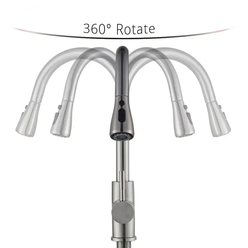 Brushed nickel kitchen faucet with flexible pull down sprayer and a modern 360-degree rotating brushed stainless steel head decorbites brushed nickel
