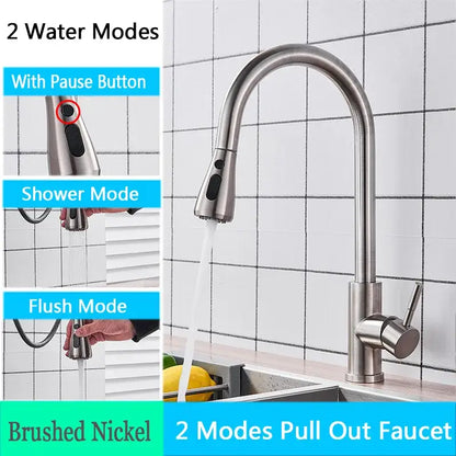 Brushed nickel kitchen faucet with flexible pull down sprayer featuring two water modes and a pause button decorbites brushed nickel