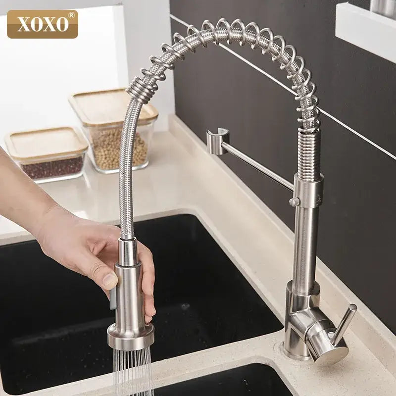 Brushed nickel kitchen faucet by xoxo with pull down coiled gooseneck spout in nickel kitchen faucet decorbites style