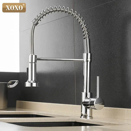 Chrome-finished xoxo brand kitchen faucet with flexible coiled spring hose and extended gooseneck spout in brushed nickel decorbites brushed nickel kitchen faucet