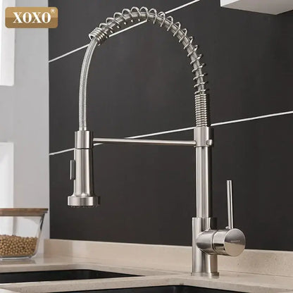 Brushed nickel kitchen faucet by decorbites with a pull down coiled gooseneck spout in stainless steel finish