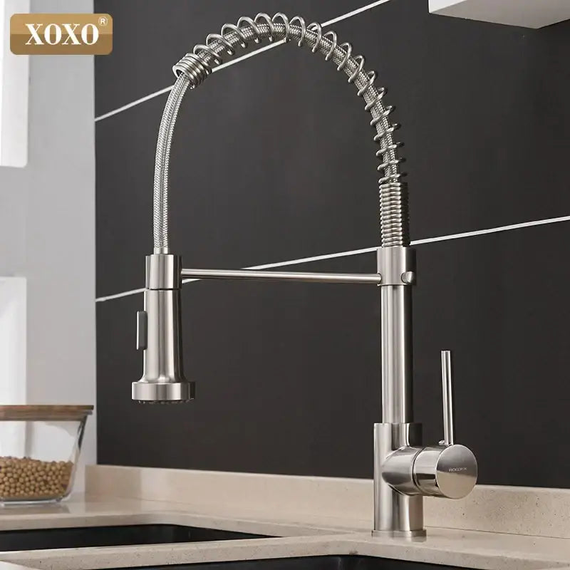 Brushed nickel kitchen faucet by decorbites with a pull down coiled gooseneck spout in stainless steel finish