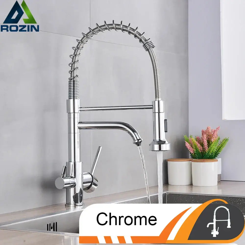 Brushed nickel kitchen faucet with flexible coiled gooseneck spout and pull-down spray head by decorbites