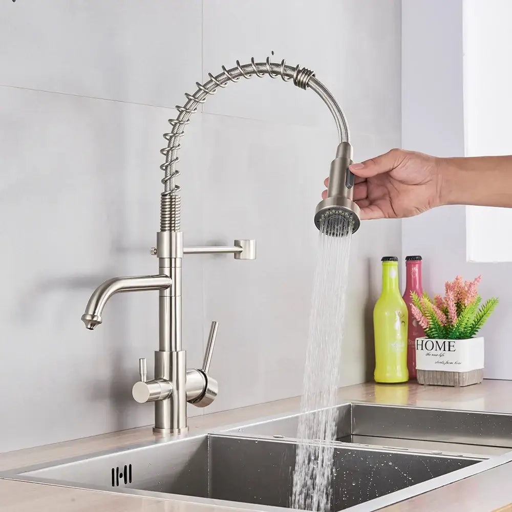 Brushed nickel kitchen faucet with pull down sprayer and flexible coiled hose from decorbites brushed nickel collection