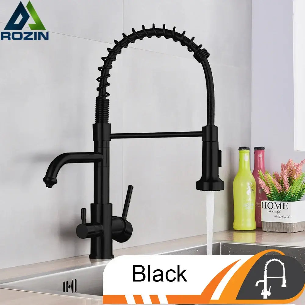 Black rozin kitchen faucet with flexible coiled spout and dual handles in brushed nickel decorbites brushed nickel style