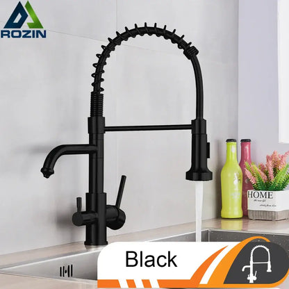 Black rozin kitchen faucet with flexible coiled spout and dual handles in brushed nickel decorbites brushed nickel style