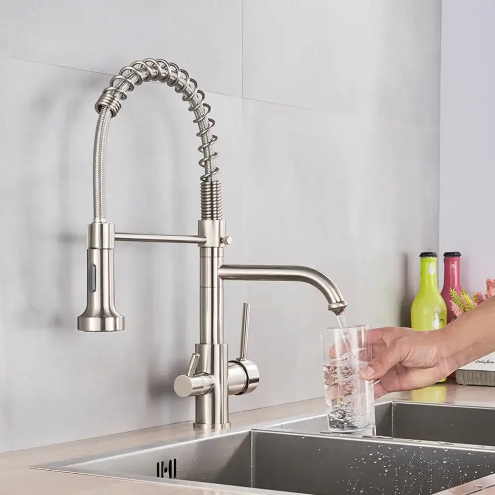 Brushed nickel kitchen faucet by decorbites with flexible coiled hose and pull down sprayer in stainless steel finish
