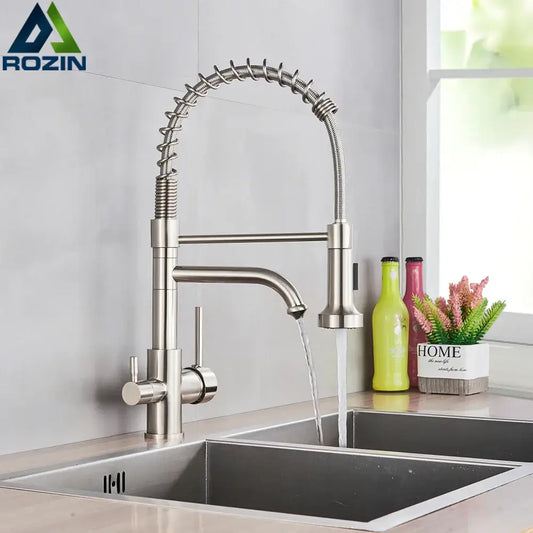 Brushed nickel kitchen faucet with pull down sprayer and flexible coiled spring hose by decorbites