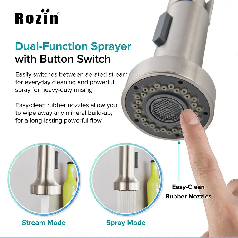 Brushed nickel kitchen faucet with stainless steel dual-function pull down sprayer and easy-clean rubber nozzles decorbites