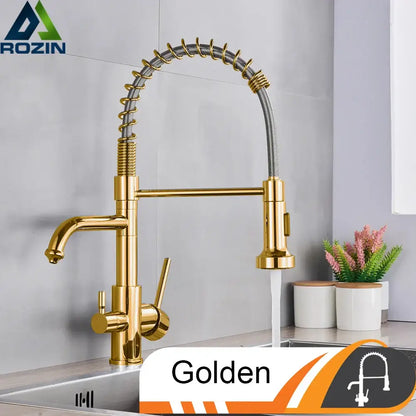 Golden rozin kitchen faucet with flexible gooseneck spout and brushed brass finish complementing decorbites brushed nickel design
