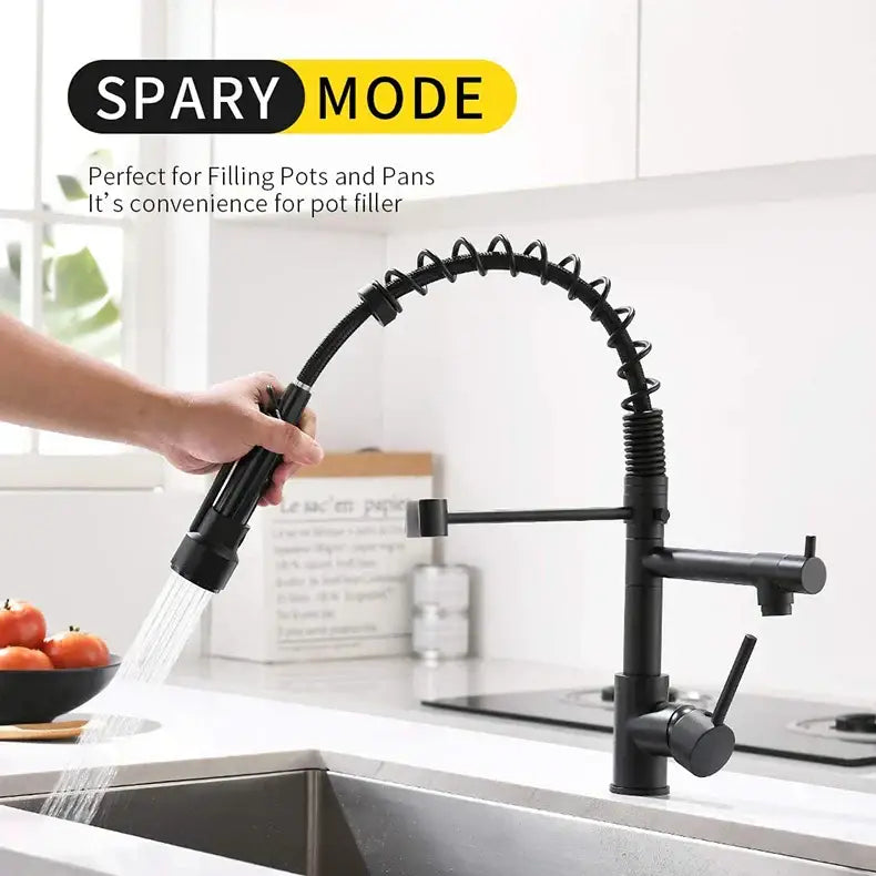Black matte finish pull-down kitchen faucet with flexible spring hose and spray nozzle in spray mode for decorbites brushed nickel
