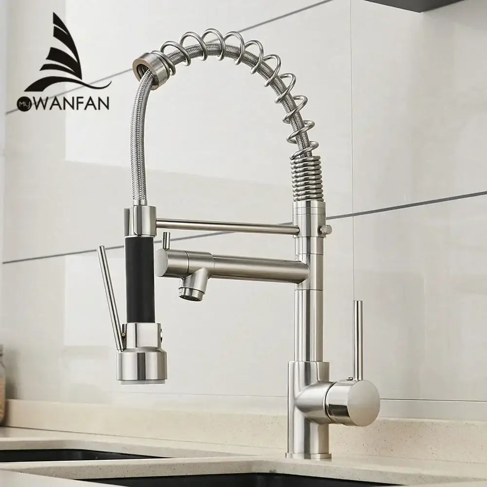 Brushed nickel kitchen faucet with stainless steel flexible spring hose and swivel water outlet with black grip spray head