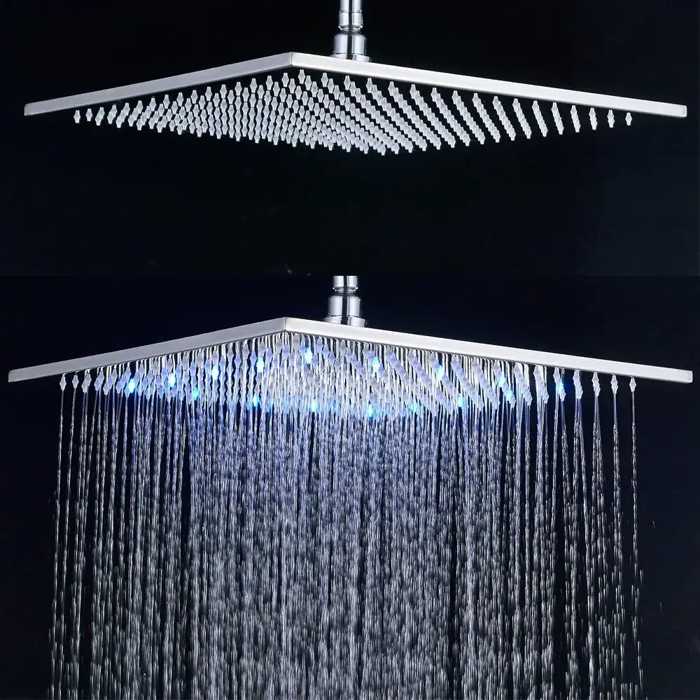 Square chrome shower head with decorbites brushed nickel led rainfall design and blue led lighting for bathroom use