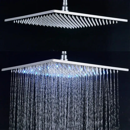 Square chrome shower head with decorbites brushed nickel led rainfall design and blue led lighting for bathroom use