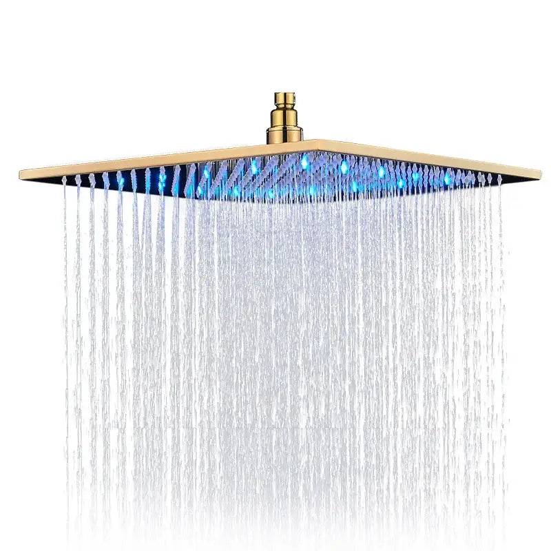 Gold-finished square shower head with blue led lights along edge decorbites brushed nickel led rainfall shower head bathroom fixture