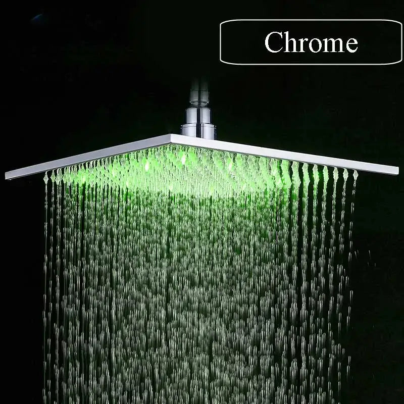 Chrome-finished square shower head with green led lighting featuring decorbites brushed nickel led rainfall design